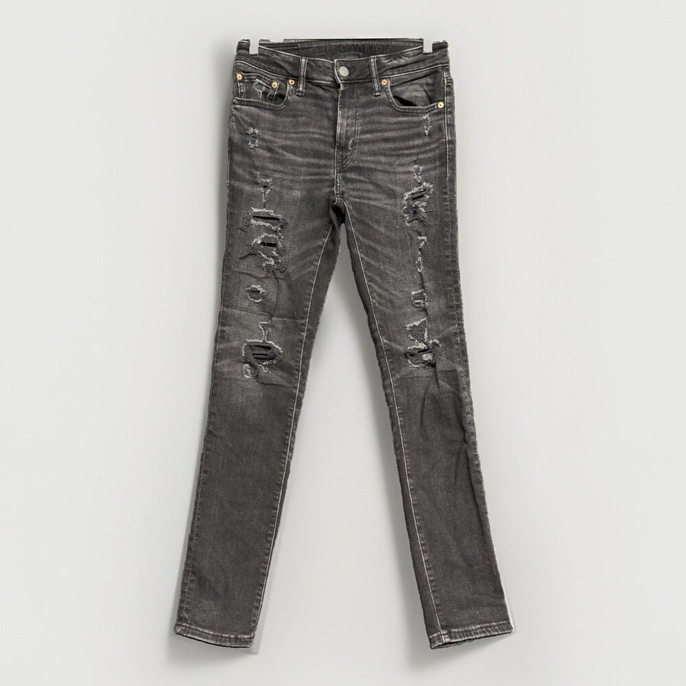 American Eagle AirFlex+ Jeans Mens Size 30x34 Black Distressed Skinny Stretch